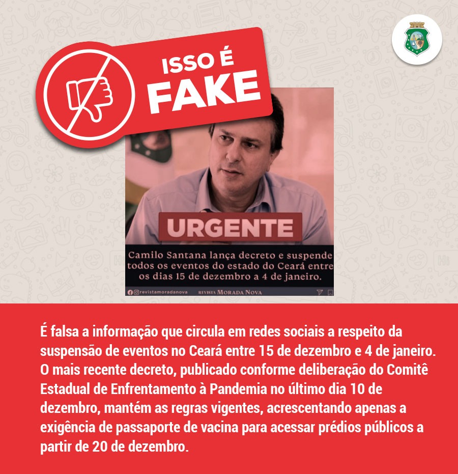 Antifake: É falsa notícia sobre suspensão de eventos no Ceará de 15 a 4 de janeiro