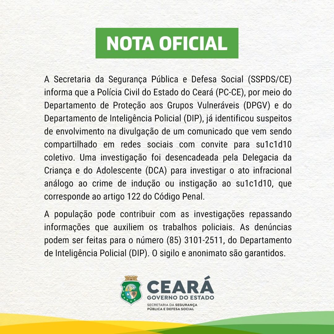 Polícia Civil identifica responsáveis por compartilhar comunicado com “convite para su1c1d10 coletivo”