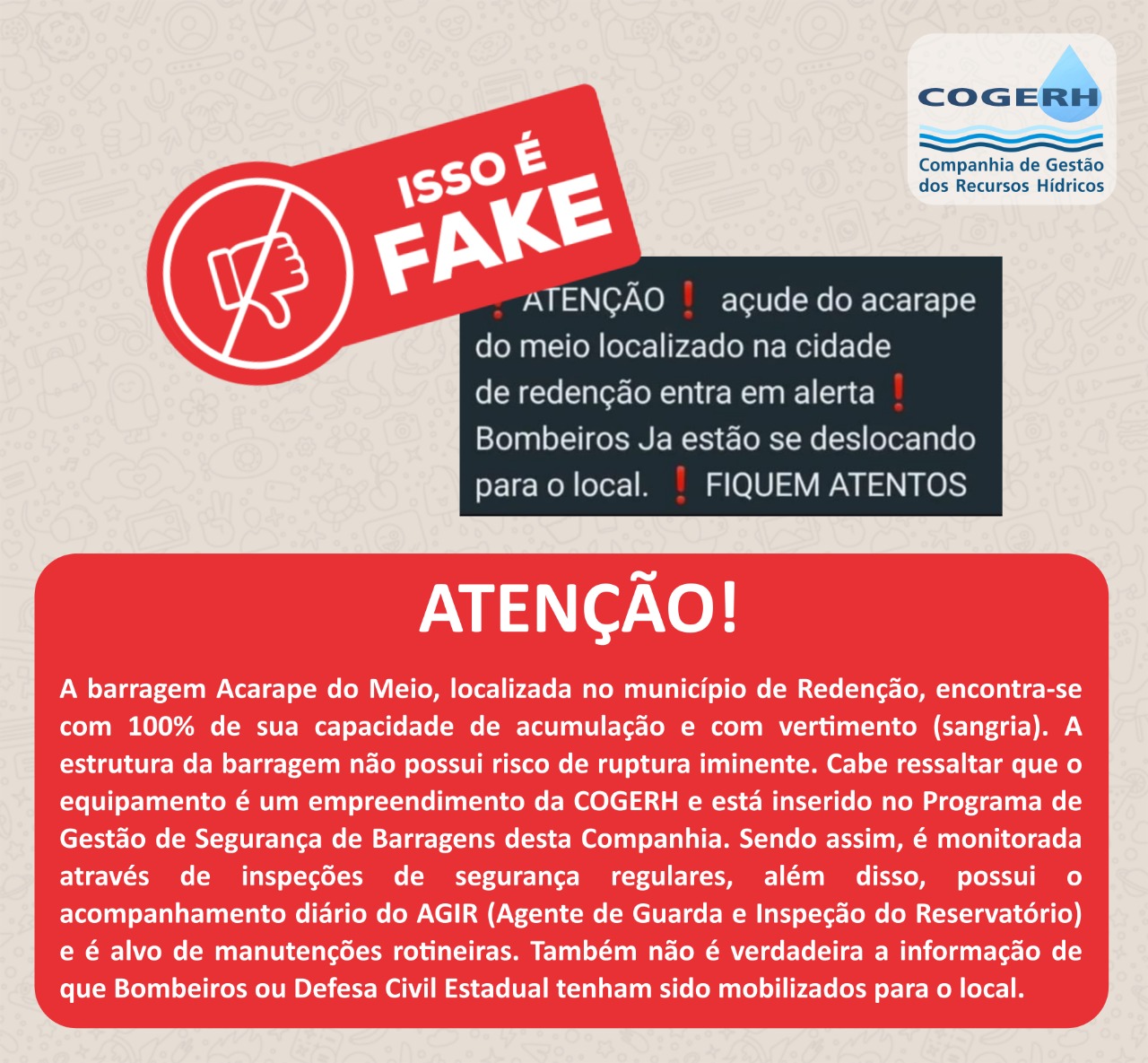 É falsa informação de alerta de ruptura do reservatório Acarape do Meio, em Redenção