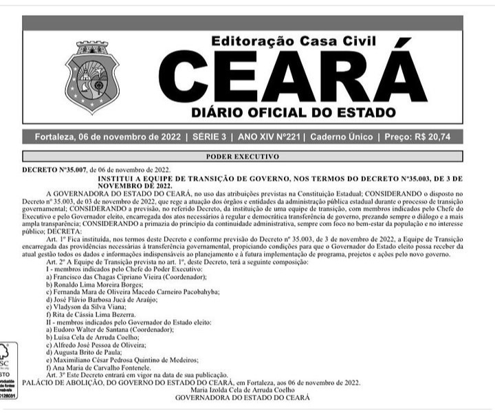 Governadora Izolda Cela assina decreto que institui equipe de transição do Governo do Ceará