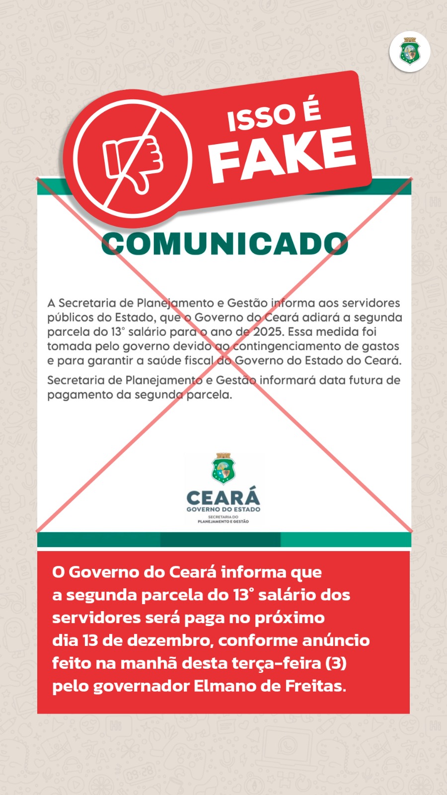 Governo do Ceará informa que 2ª parcela do 13° salário dos servidores será paga em 13 de dezembro