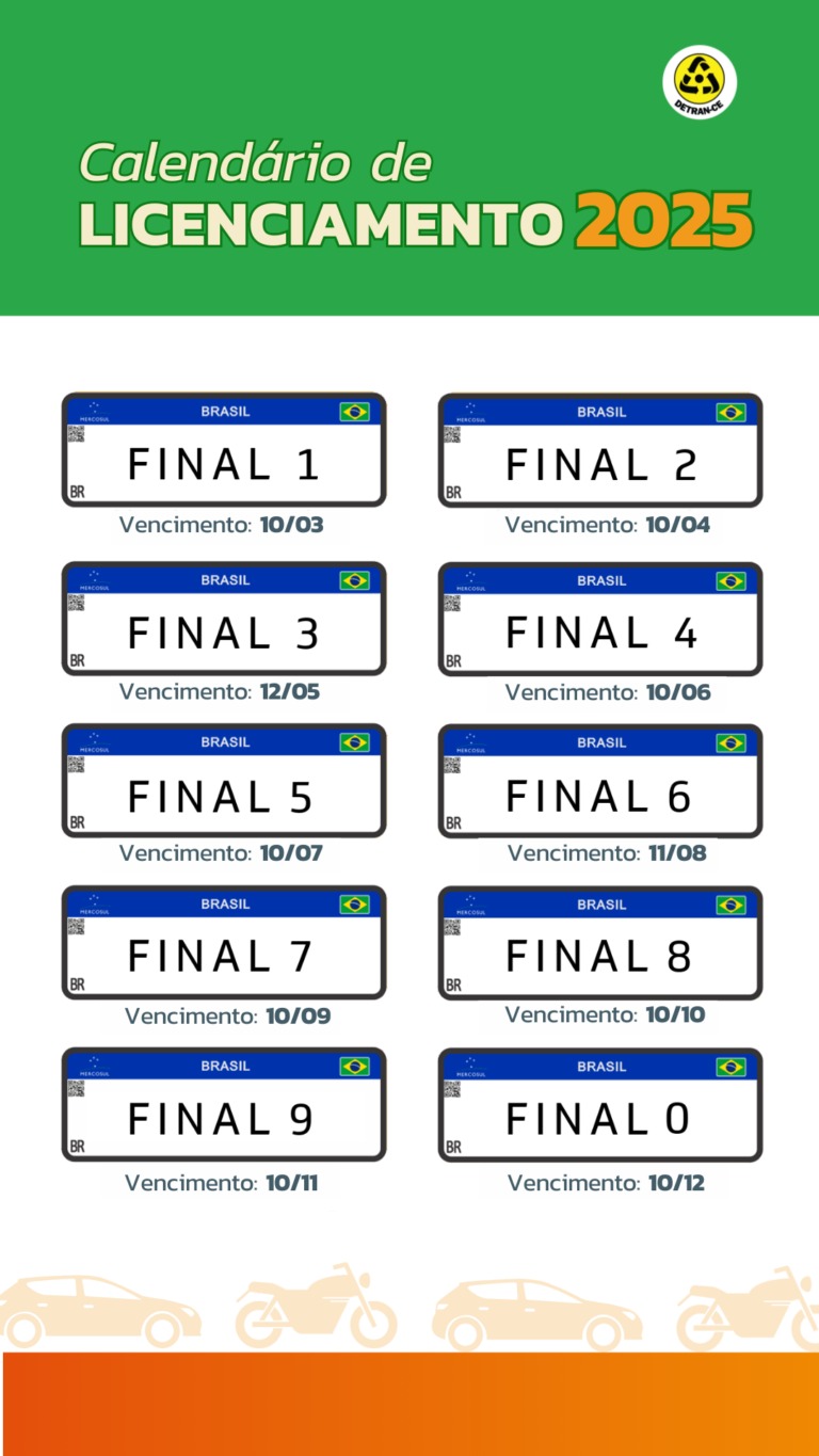 Licenciamento de veículos automotores com placas final 3 vence nesta segunda-feira (12)