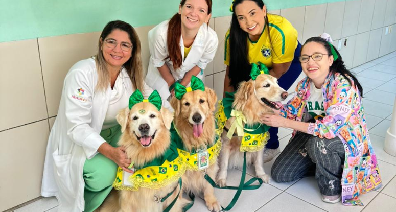 No ritmo da Copa: HGWA recebe visita de cachorrinhas caracterizadas com as cores da bandeira brasileira em ação de humanização 